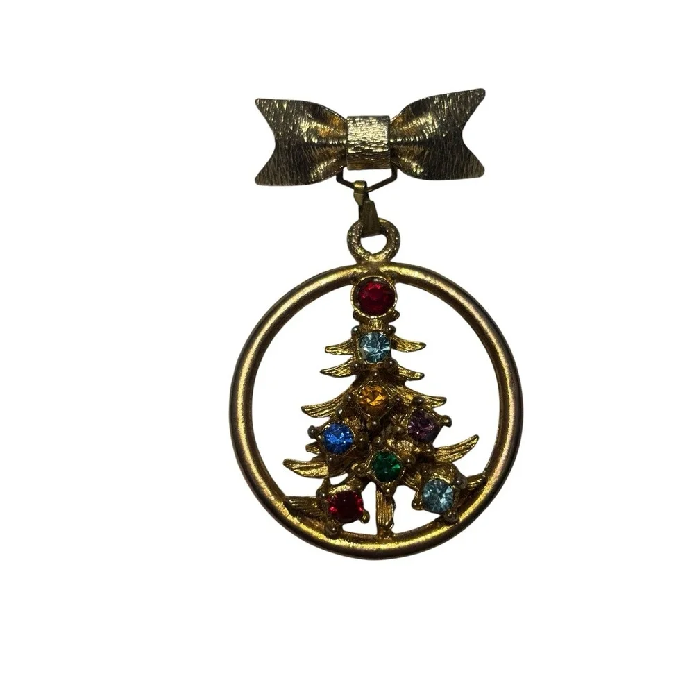 Vintage Gold Tone Colorful Rhinestone Christmas Tree Ribbon Ornament Brooch Pin